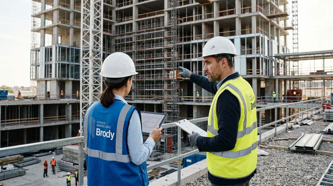 Dos arquitectos revisando planos en obra